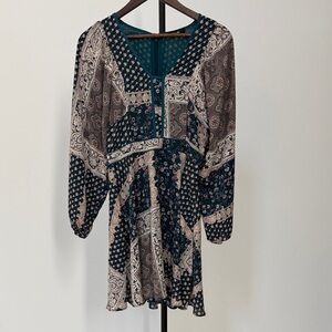 Sugar Lips Boho Patchwork Mini Dress Teal Brown Floral Paisley. Size S